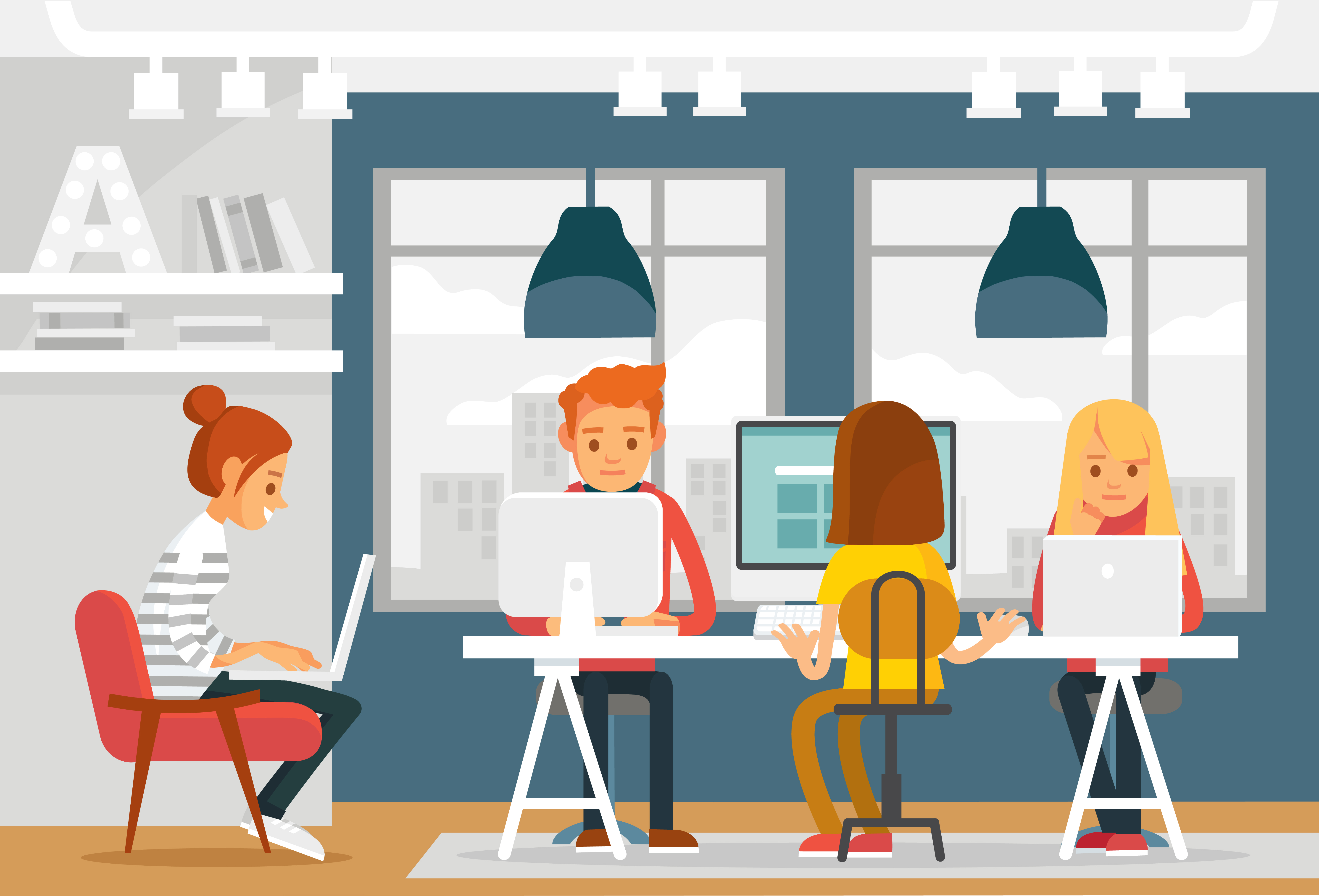 ilustracion de una oficina con gente y ordenadores